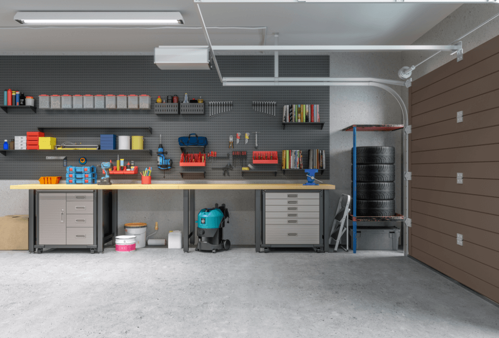epoxy-coated garage floor with workbench and tool