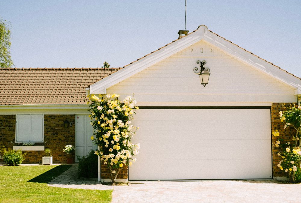 garage door and plants on concrete driveway