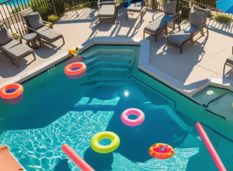 Summer pool scene with colorful floats and lounge chairs on pool deck