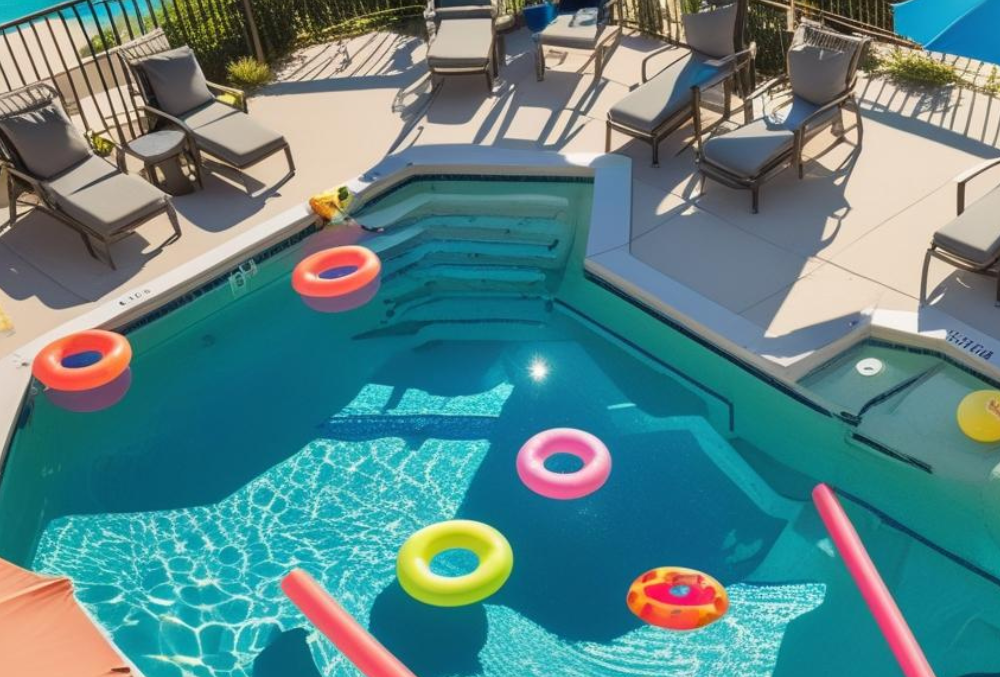 Summer pool scene with colorful floats and lounge chairs on pool deck