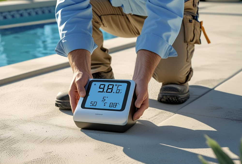 Contractor checking pool deck temperature with digital humidity gauge tool