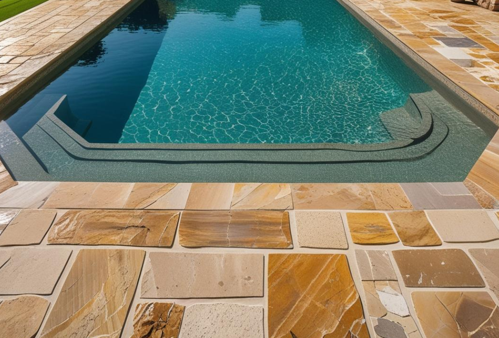 Natural stone pool deck with textured concrete around swimming pool