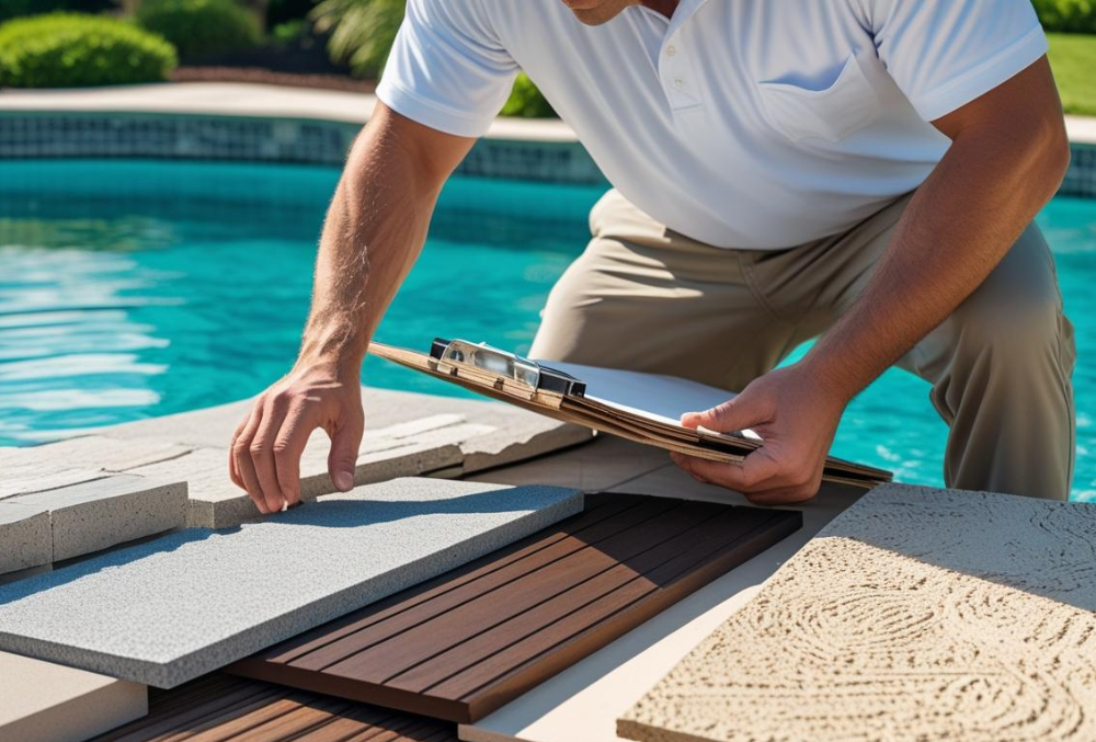 Contractor selecting textured pool deck materials with clipboard in hand