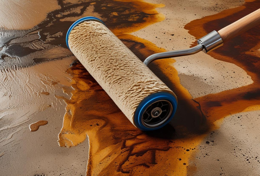 applying concrete Staining on floor using tool