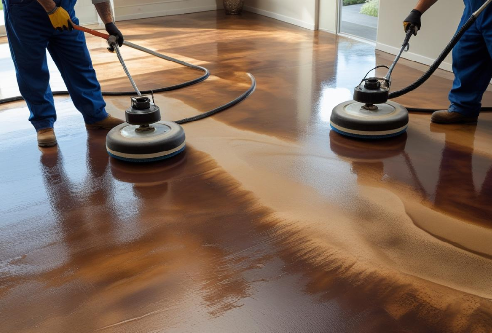 contractors maintaining Stained Concrete Floors using tools