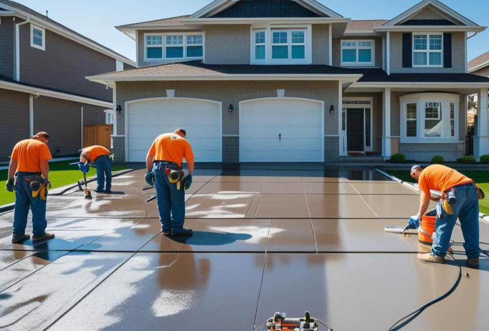 Contractors Applying Concrete Staining on a concrete driveway
