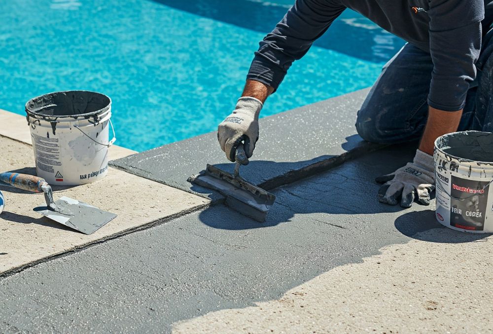 Contractor resurfacing a pool deck